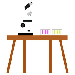 microscope and testing tube on the wooden desk illustration