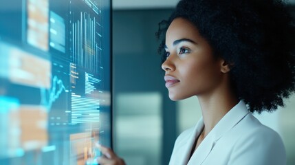 Young professional woman analyzing digital data on a futuristic touchscreen interface, showcasing technology and innovation in a modern workspace
