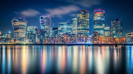 Naklejka premium A vibrant city skyline at night reflecting on water, showcasing modern architecture and urban life.