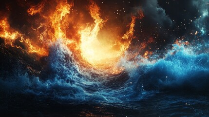 Fototapeta premium A dramatic scene depicting fiery waves and turbulent waters, blending elements of fire and ocean.