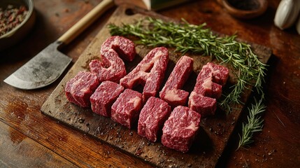 Premium cuts of beef arranged as sale announcement on a wooden board