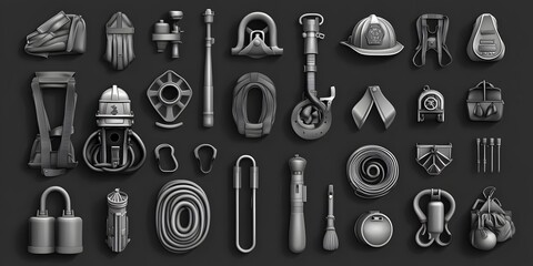 Fototapeta premium Theme: Fire Department, Icon Set, Shapes, Objects, Black and White, on White Background, Abstract Image, Texture, Pattern Background, Wallpaper, Cover and Screen of Smartphone, PC, Laptop, 9:16 and 16