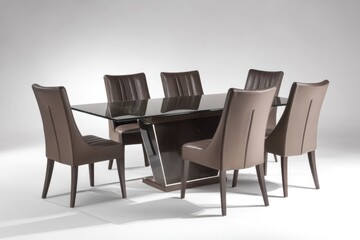 Modern dining set with glass top table and five brown leather chairs.