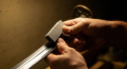 Artisan hands sharpening knife with whetstone