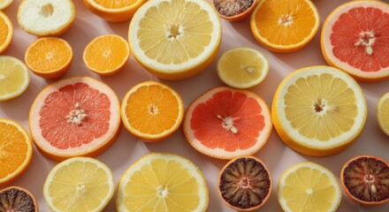 Citrus medley: vibrant array of sliced oranges, lemons, grapefruits