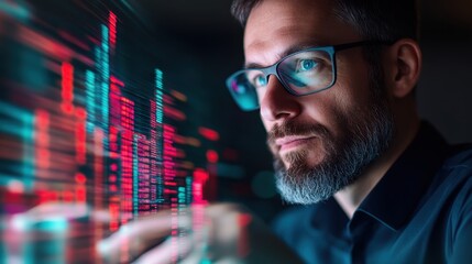 Focused man analyzing digital data trends on futuristic interface with colorful graphs and statistics, representing modern technology and data science concepts