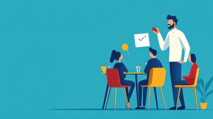 Modern Workplace Meeting with Diverse Team Engaged in Discussion and Collaboration at Table with Bright Blue Background and Creative Illustration