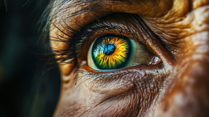 A golden-green eye of an Indigenous Amazonian person, showcasing rich environmental inspiration