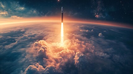 Obraz premium Breathtaking Shot of Rocket Breaking Through the Clouds in Space