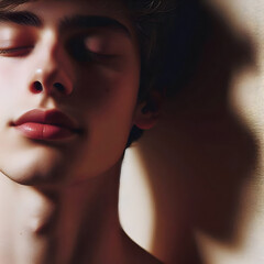 Portrait of a young man with closed eyes. A moment of quiet reflection. Shadow play.
