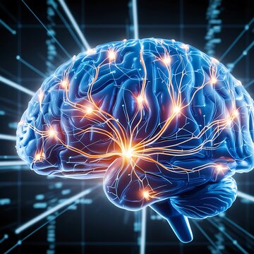 A detailed close-up image of an artificial intelligence brain with glowing neural connections and circuits. The neural pathways are illuminated, forming a complex and intricate web of light.