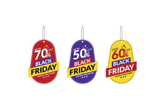Black Friday offer dangler Vector template design, 50% off, 60% off, 70% off, Black friday realistic hanging sales label collection tag, hang tag sticker multiple color. shopping sale sticker