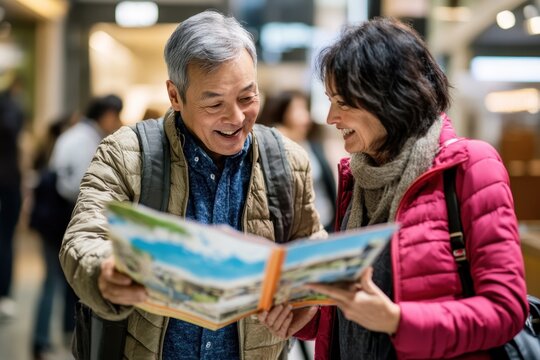 Elderly couple looking at travel brochure while smiling and enjoying their time together in a busy shopping center filled with people and lights - Powered by Adobe