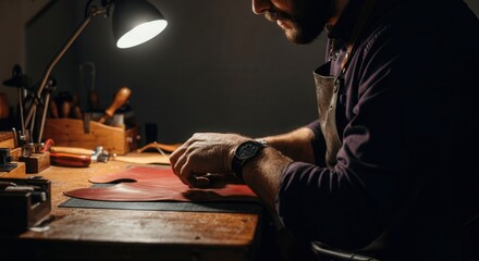 Artisan crafting leather in workshop at night