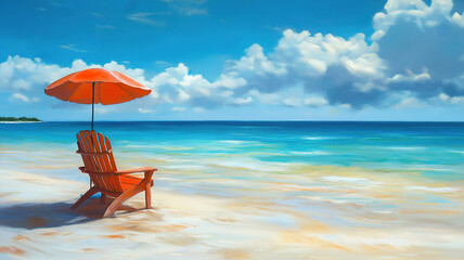 Fototapeta premium Relaxing Beach Scene with Orange Umbrella and Adirondack Chair. A picturesque beach scene showcasing a tranquil, sunny day.