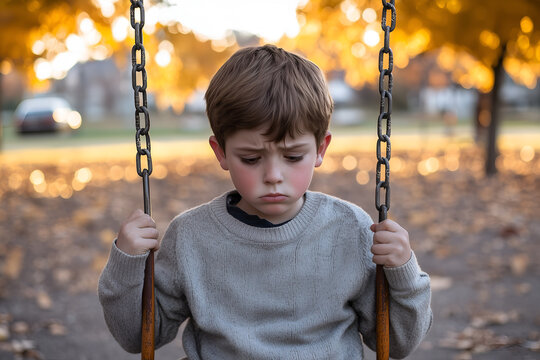A young boy sitting alone on a swing in an empty playground at dusk, with his head slightly bowed, surrounded by warm golden light.