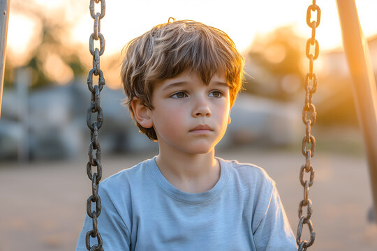 A young boy sitting alone on a swing in an empty playground at dusk, with his head slightly bowed, surrounded by warm golden light.
