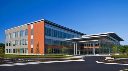 Fototapeta premium Modern office building with glass facade and landscaped surroundings.