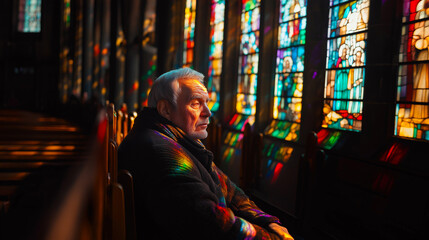 Fototapeta premium Elderly man reflecting quietly in a church with vibrant stained glass windows