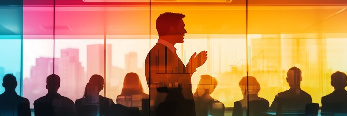 A male leader presents confidently in a modern office, with colorful reflections illuminating the room.