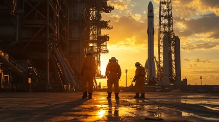 Workers at Launch Pad Preparing for Rocket Maintenance at Sunset