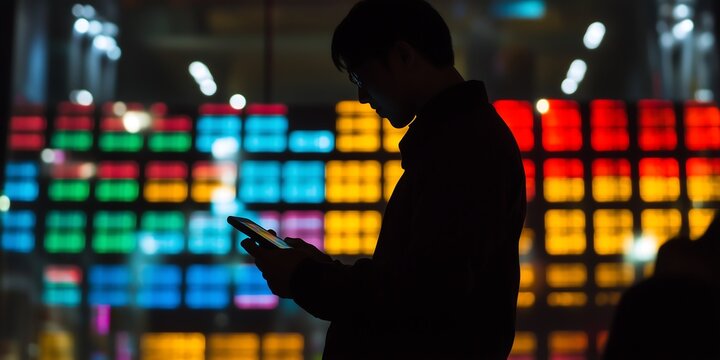Silhouette of an Asian man using a smartphone against a vibrant colorful background.
