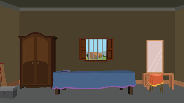 interior of a Indian village poor farmers bedroom with wooden bed and furnitures.Village indoor design for cartoon animation