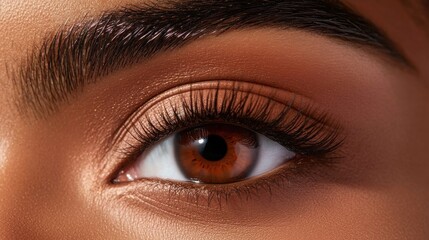 Fototapeta premium A mesmerizing amber eye of a Latino individual, surrounded by smooth skin and fine, natural lashes