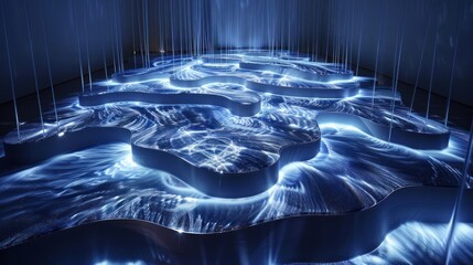 Abstract blue light art installation with flowing, organic shapes on the floor.