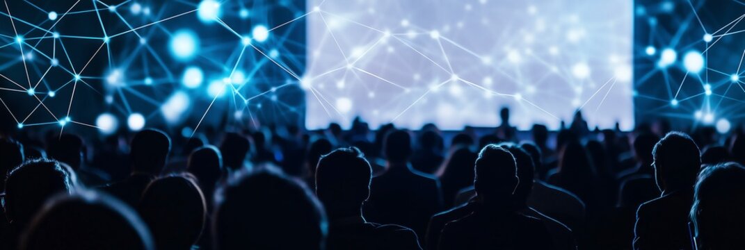 A diverse audience engaged at a tech conference, illuminated by a futuristic presentation on a large screen.