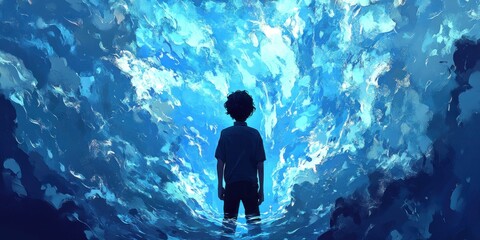Fototapeta premium Boy Contemplates a Vast Blue Abstract Seascape