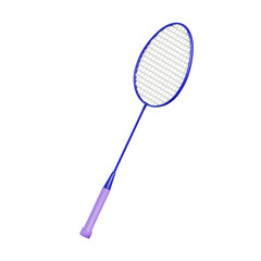 3D realistic badminton racket icon, isolated on a white background. The racket is in shades of blue and purple, suitable for commercial use or as a logo style design.