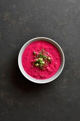 Beet cream soup with yogurt, cucumbers and dill