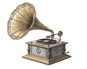 antique gramophone with a polished brass horn engraving color sketch illustration