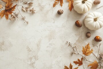 A minimalist Thanksgiving background with golden leaves, acorns, and a few pumpkins scattered across a patterned beige surface.