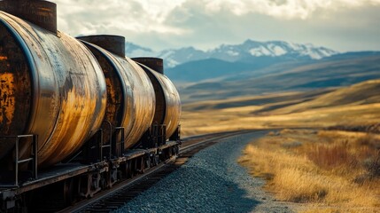 Obraz premium Barrels placed on a rail freight car, traveling through a rugged countryside landscape.