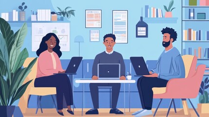 Group of Diverse Professionals Collaborating in a Bright Modern Office Space with Laptops and Plants Surrounding Them