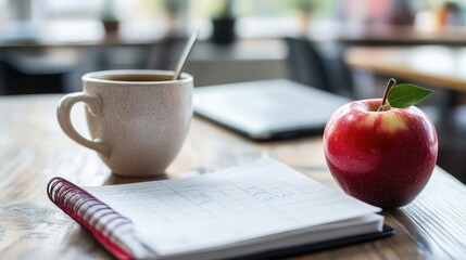 A teacher's desk with an open lesson planner, a coffee cup, and an apple