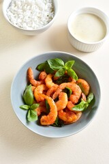 Roasted prawn with basil leaves