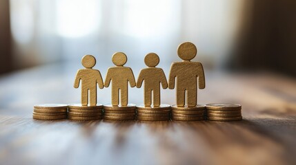 Figures Holding Hands Over Stacked Coins Symbolizing Wealth Growth, Financial Success, Teamwork, and Prosperity in a Minimalistic Setting