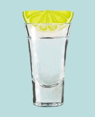 Copa de tequila, vaso, alcohol, limón, rodaja de limón, México, tequila mexicano, bebida nacional, dibujo, Tequila, shot glass, glass, lemon, drawing, illustration