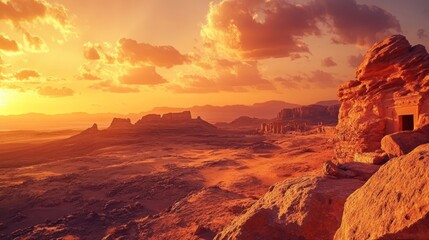 Fototapeta premium Illustration of Sunset casting warm colors over desert landscape. Ai generated image