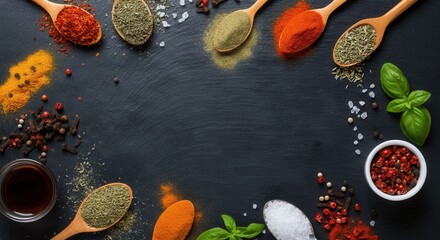 Colorful spice assortment on dark background for culinary themes