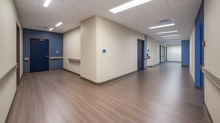 A modern hallway in a building with blue and beige walls, designed for functionality and accessibility.