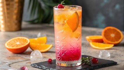 Fototapeta premium A layered mocktail in a highball glass that artfully displays vibrant orange and pink hues from tropical fruits.