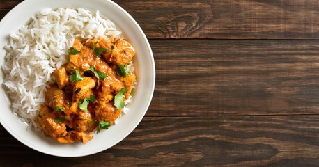 Butter chicken with basmati rice on plate on wooden background