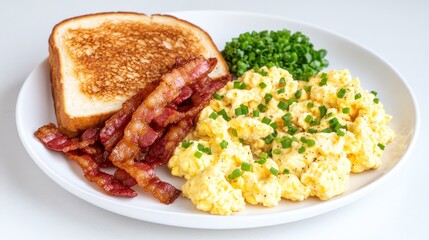 Naklejka premium A hearty breakfast plate with scrambled eggs, bacon, toast, and chives.