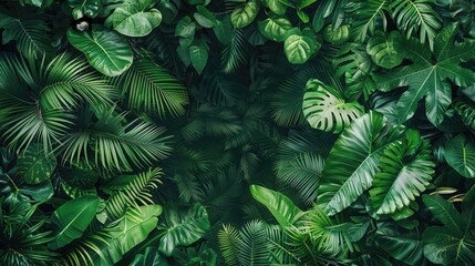 Fototapeta premium Lush tropical forest foliage teeming with vibrant green leaves in a dense jungle setting