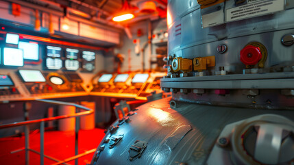 Close-up of sleek metallic nuclear payload container in modern control room, showcasing high-tech security and precision in nuclear operations.