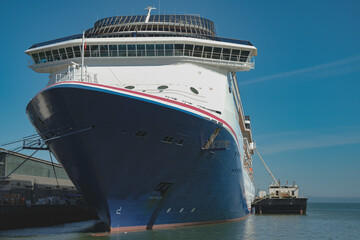 Modern family cruiseship cruise ship liner Miracle docked at terminal pier in San Francisco port...